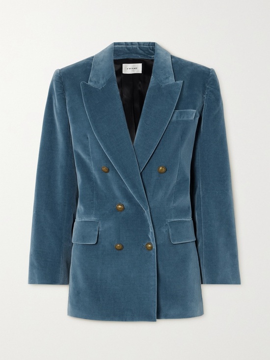 Frame Denim Jackets & Blazers - FRAME Double-Breasted Cotton-Blend Velvet Blazer Blue with Gold Accents Size 6